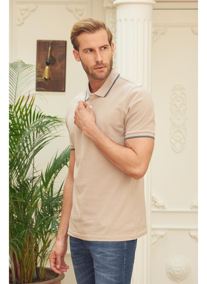 Odelon - Men's Slim Fit Plain Polo Collar T-Shirt Beige - Image 1