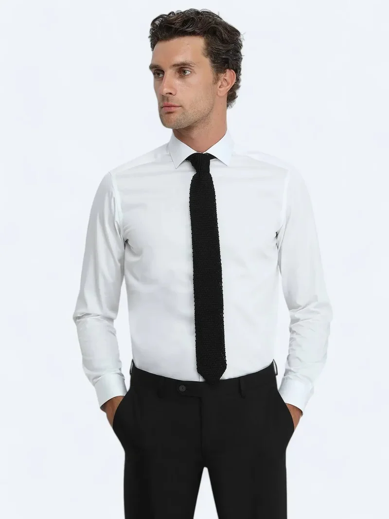 Kip White Plain Regular Fit Weaving Classical 100% Cotton Shirt