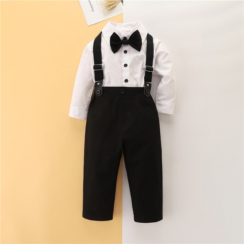 Children'S Clothing British Style New Boys' Gentleman'S Suit White Bow Tie Shirt Overalls Children'S Dress - Image 1