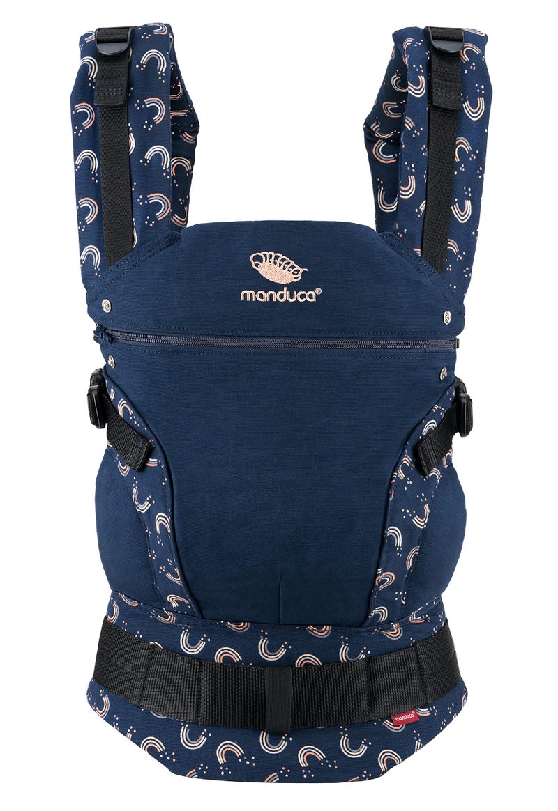 manduca FIRST Baby Carrier > Rainbow Night < Ergonomic Baby Carrier Backpack, Organic Cotton, Patented Back Extension, for Newborns and Babies from 3.5 to 20 kg (blue&rainbow) - Image 1