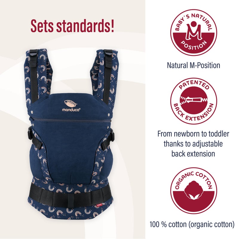 manduca FIRST Baby Carrier > Rainbow Night < Ergonomic Baby Carrier Backpack, Organic Cotton, Patented Back Extension, for Newborns and Babies from 3.5 to 20 kg (blue&rainbow) - Image 2