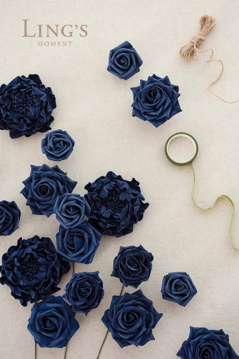 Ling's moment Ling's Moment Artificial Flowers Fake Roses Faux Foam Peony Combo for DIY Wedding Bouquets Centerpieces Arrangements Bridal Shower Party Home Decorations  Navy Blue  24pcs  - Image 2