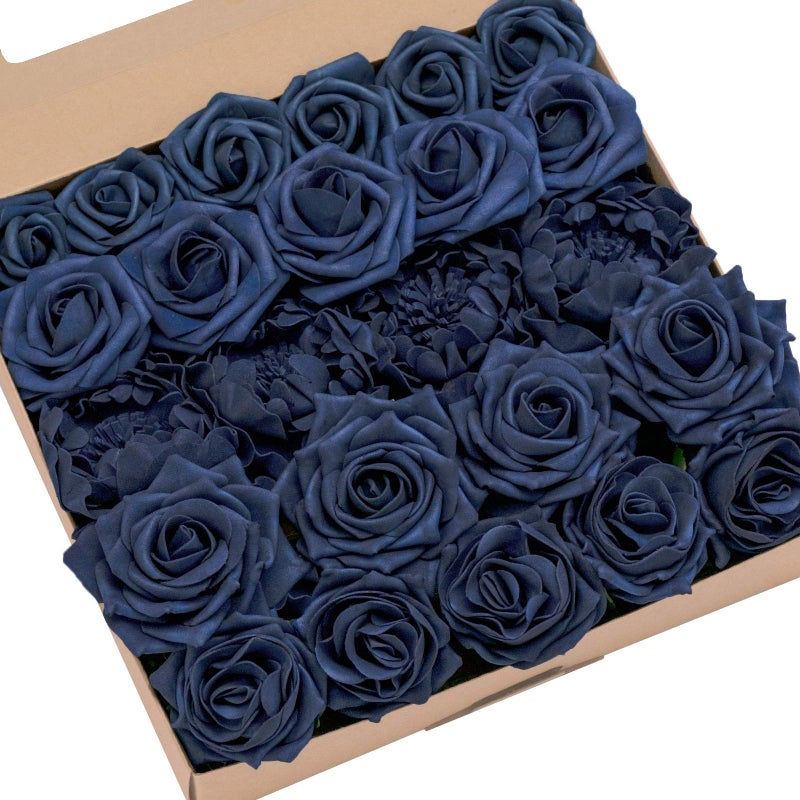 Ling's moment Ling's Moment Artificial Flowers Fake Roses Faux Foam Peony Combo for DIY Wedding Bouquets Centerpieces Arrangements Bridal Shower Party Home Decorations  Navy Blue  24pcs  - Image 1