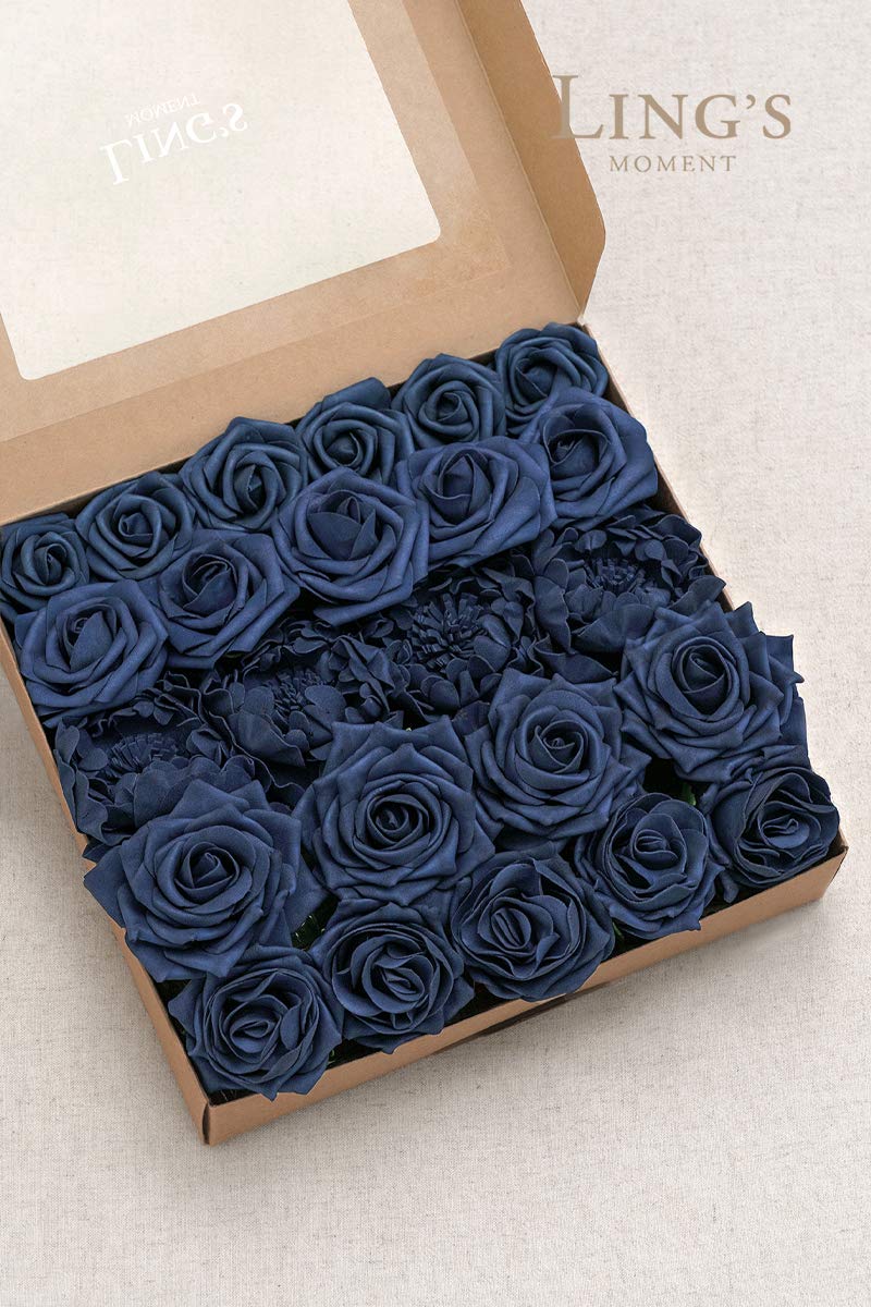 Ling's moment Ling's Moment Artificial Flowers Fake Roses Faux Foam Peony Combo for DIY Wedding Bouquets Centerpieces Arrangements Bridal Shower Party Home Decorations  Navy Blue  24pcs  - Image 3