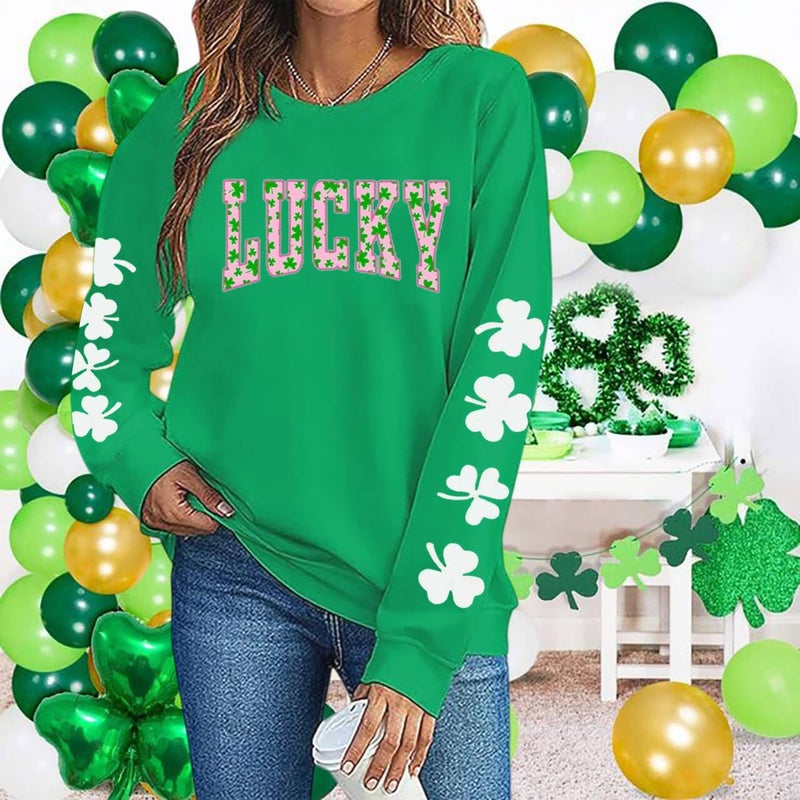 Huovud St. Patrickâ€™s Day Sweatshirts for Women, Lightweight Shamrock Clover Graphic Long Sleeve Casual Irish Loose Fit Pullover Top (Green-6, Small) - Image 2
