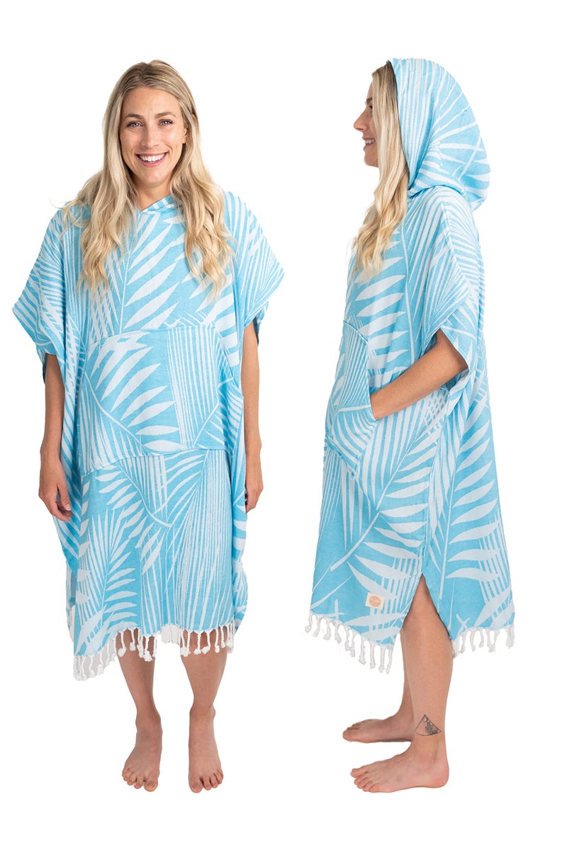 Nova Blue Surf Poncho â€“ Tropical Blue Palm Leaves Towel Poncho â€“ Large Changing Towel (33 x 37) â€“ 100% Turkish Cotton Hooded Towel Adult for Surf Beach Pool and Swim - Image 1