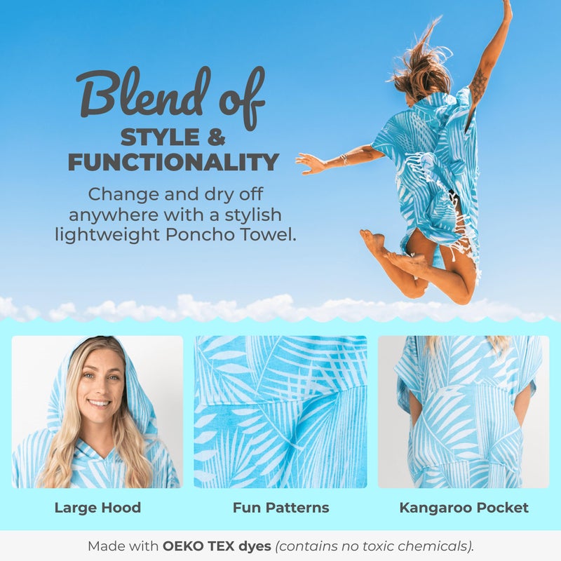 Nova Blue Surf Poncho â€“ Tropical Blue Palm Leaves Towel Poncho â€“ Large Changing Towel (33 x 37) â€“ 100% Turkish Cotton Hooded Towel Adult for Surf Beach Pool and Swim - Image 4