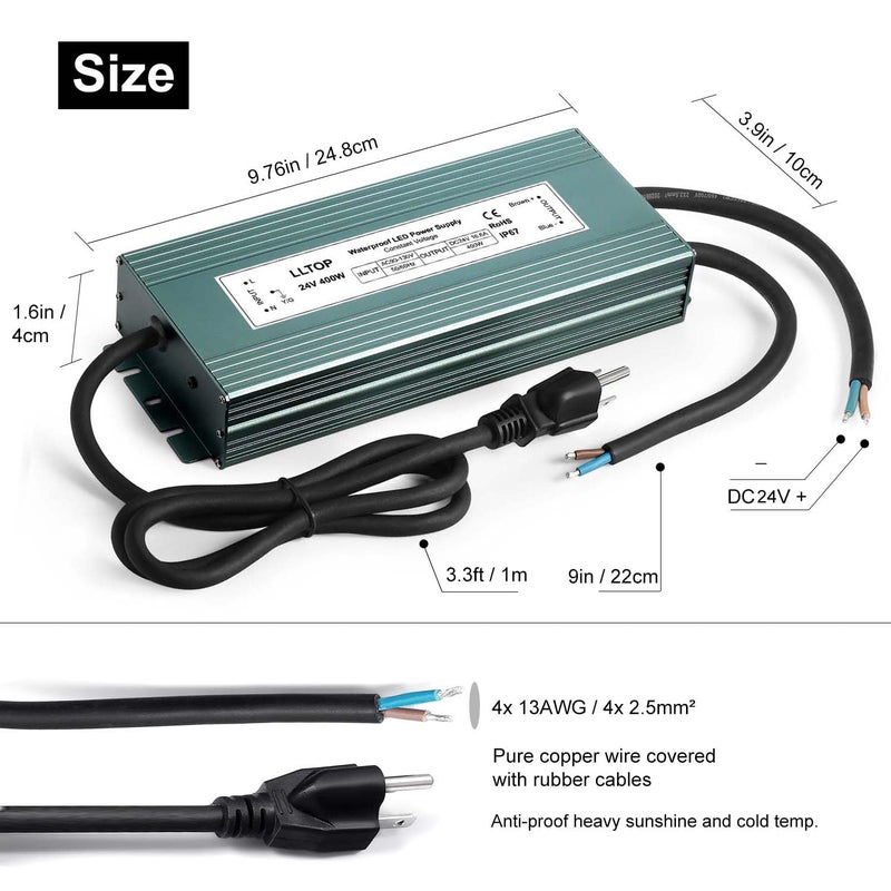 LLOP LED Driver 400 Watts 110V/120V AC to 24V DC 16.6A Power Supply Waterproof Low Voltage Transformer Converter for Indoor Outdoor LED Lights - Image 3