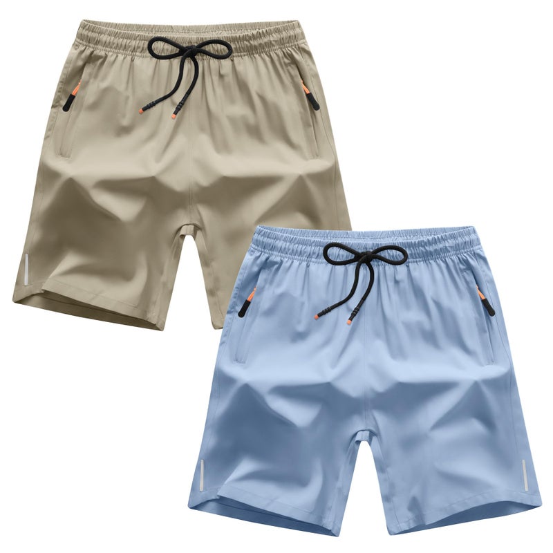 ANHDM Boys Athletic Shorts Quick Dry Sport Shorts Lightweight Running Shorts with Zipper Pockets (Pack of 2), B/Khaki&Grey Blue, 5-6T - Image 1