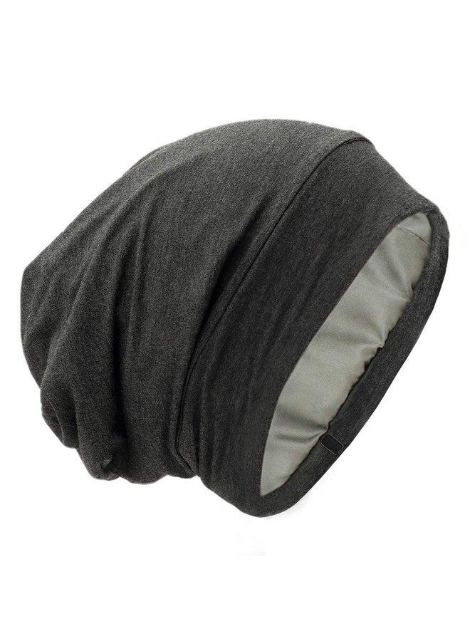 GB Selected Silk Satin Lined Bonnet Sleep Cap - Adjustable Stay On All Night Hair Wrap Cover Slouchy Beanie For Curly Hair Protection For Women And Men - Solid Dark Grey  - Image 1