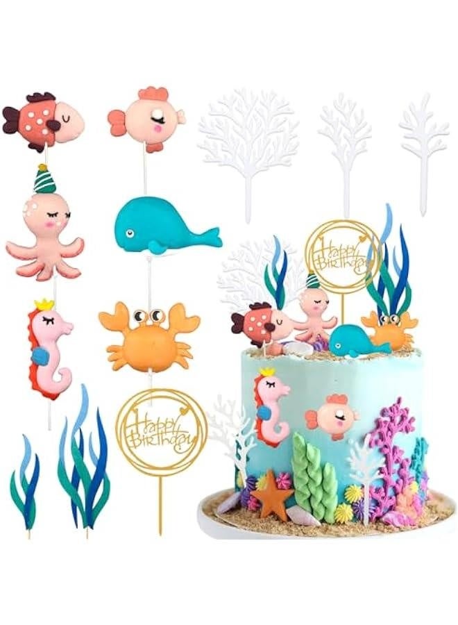 Sea Cake Toppers, 12pcs Sea Birthday Cake Topper Cupcake Topper, Ocean Animals Sea Cake Decorations for Kids Under the Sea Ocean Sea World Theme Birthday Baby Shower Party Supplies - Image 1