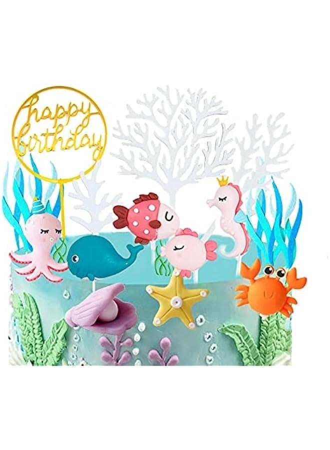 Sea Cake Toppers, 12pcs Sea Birthday Cake Topper Cupcake Topper, Ocean Animals Sea Cake Decorations for Kids Under the Sea Ocean Sea World Theme Birthday Baby Shower Party Supplies - Image 3
