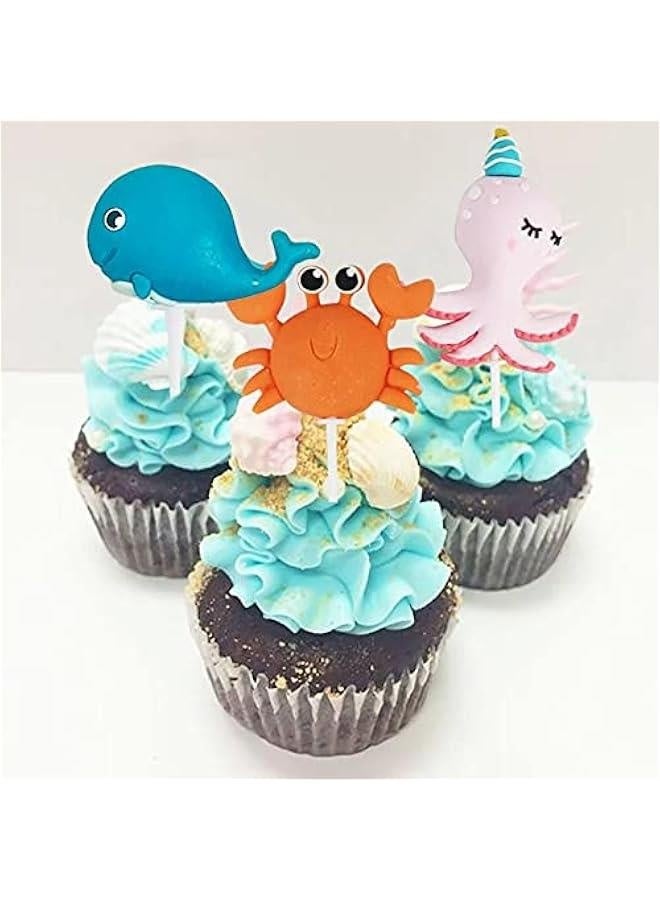 Sea Cake Toppers, 12pcs Sea Birthday Cake Topper Cupcake Topper, Ocean Animals Sea Cake Decorations for Kids Under the Sea Ocean Sea World Theme Birthday Baby Shower Party Supplies - Image 5