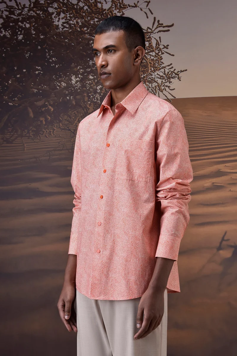 Genes Lecoanet Hemant Soft Coral Micro-Dot Giza Cotton Poplin Shirt