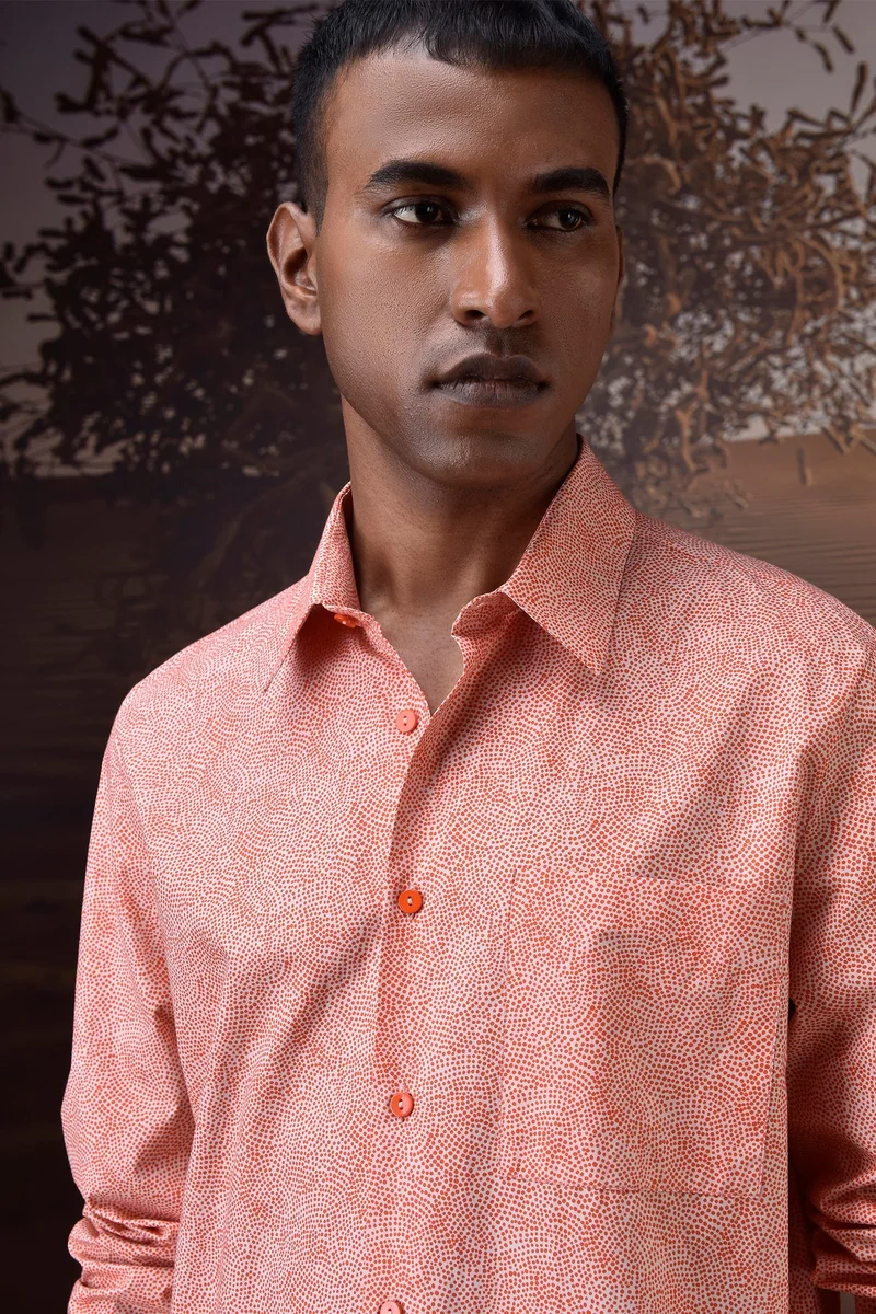 Genes Lecoanet Hemant Soft Coral Micro-Dot Giza Cotton Poplin Shirt
