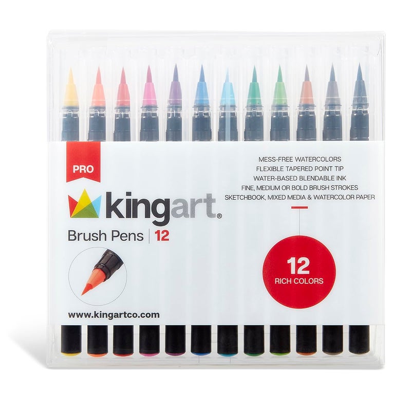 KINGART Pro Brush Pens, 12 Colors for Real Watercolor Painting with Flexible Nylon Brush Tips, Paint Markers for Coloring, Calligraphy and Drawing for Artists and Beginner Painters - Image 1