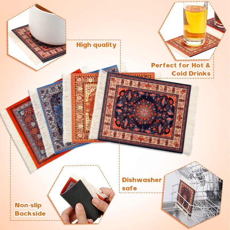 Tatuo 4 Pieces Rug Table Coasters Table Drink Holders Oriental Design Fabric Carpet Drink Mats Oriental Design Fabric Elegant Carpets Kitchen and Bar Mats for Home Office(Square,Retro Pattern) - Image 5