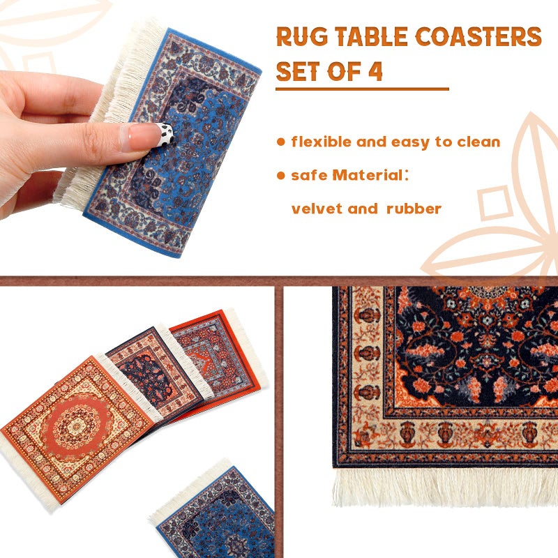 Tatuo 4 Pieces Rug Table Coasters Table Drink Holders Oriental Design Fabric Carpet Drink Mats Oriental Design Fabric Elegant Carpets Kitchen and Bar Mats for Home Office(Square,Retro Pattern) - Image 3