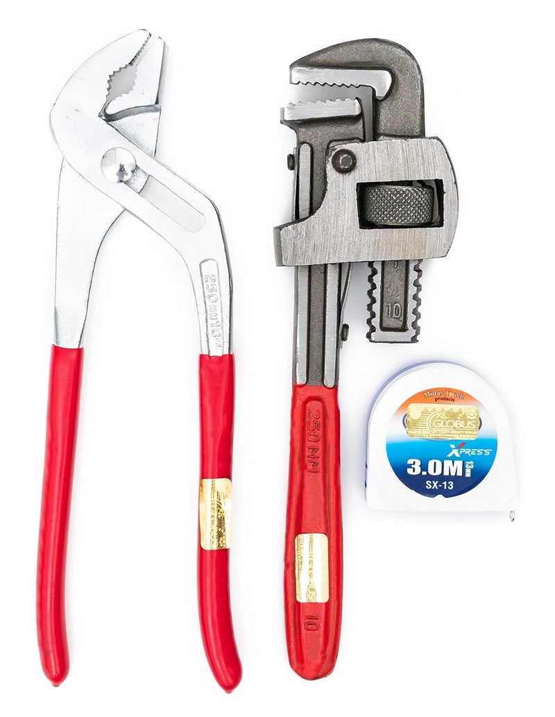 GLOBUS 1407 STEEL HAND TOOL SET/2 PCS (WATER PUMP PLIER 10" (250 MM), PIPE WRENCH 10" (250 MM) AND MEASURING TAPE 3 MTR/ 12 FEET AND 72INCH. - Image 1