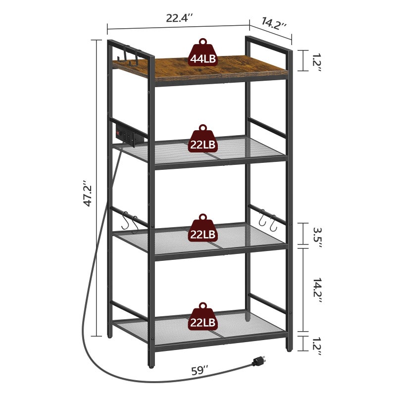 MAHANCRIS Bakers Rack with Power Outlet, Microwave Stand with Hooks, Multifunctional Storage Rack, Coffee Bar with Enclosure, Kitchen Storage Shelf, for Kitchen, Dining Room, Rustic Brown BRHR40E01N1 - Image 3