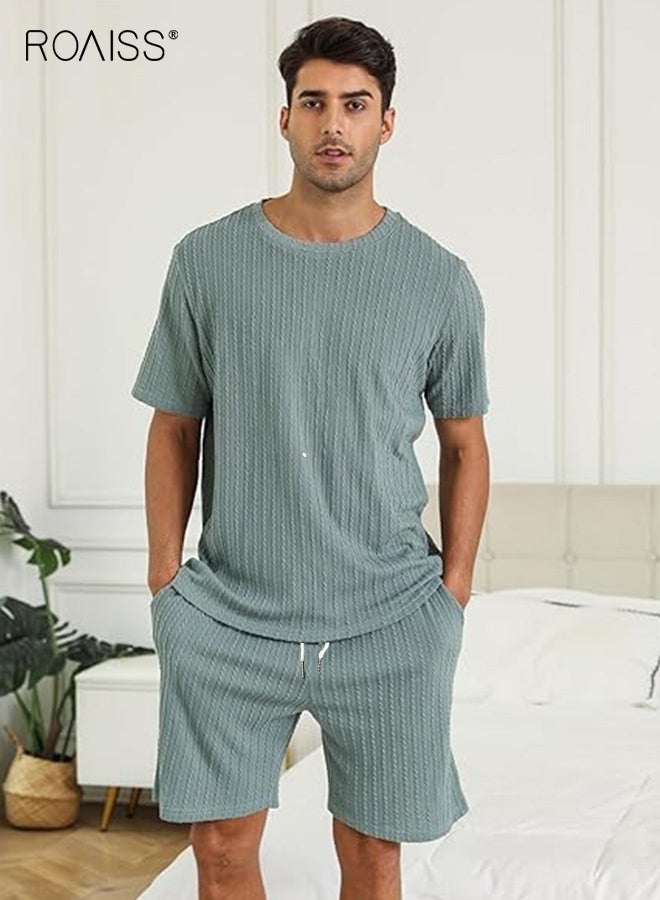 roaiss 2 Pcs Matching Pajamas for Men Ribbed Knit Pajama Round Neck Pullover with Vertical Stripes and Shorts Mens Soft Short Sleeve Sleepwear Loungewear Can Wear Outside Green  - Image 1