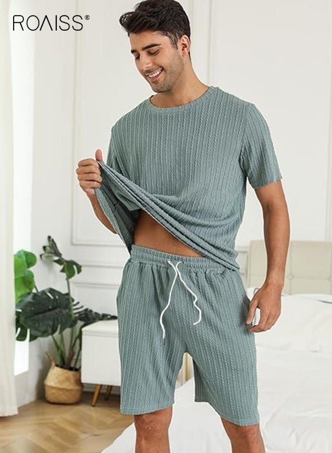 roaiss 2 Pcs Matching Pajamas for Men Ribbed Knit Pajama Round Neck Pullover with Vertical Stripes and Shorts Mens Soft Short Sleeve Sleepwear Loungewear Can Wear Outside Green  - Image 2