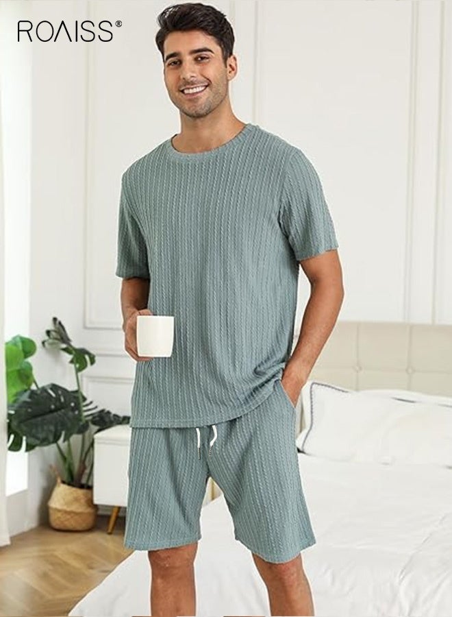 roaiss 2 Pcs Matching Pajamas for Men Ribbed Knit Pajama Round Neck Pullover with Vertical Stripes and Shorts Mens Soft Short Sleeve Sleepwear Loungewear Can Wear Outside Green  - Image 3