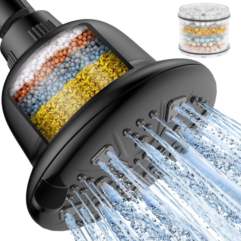 MakeFit Filtered Shower Head Matte Black- High Pressure Shower Head with filter for Hard Water - Rain Shower Head Water Softener - Luxury 7 Settings Adjustable Water Filter Showerhead (Matte Black) - Image 1