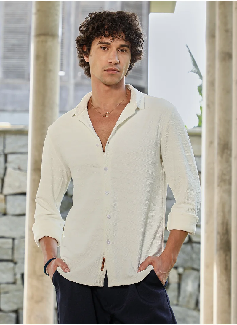 Campus Sutra Men's Ivory White Spirit Weave Shirt