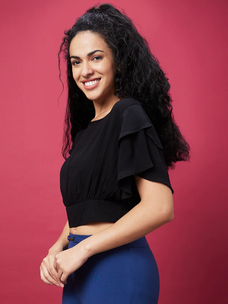 globus Women Black Flared Sleeves Crop Top