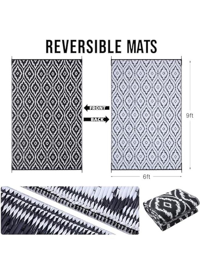 Arabest - 6x9 ft Waterproof Outdoor Plastic Straw Rug Geometric Pattern Black & White Reversible RV Mat Patio Camping Balcony Deck Backyard Clearance - Image 1