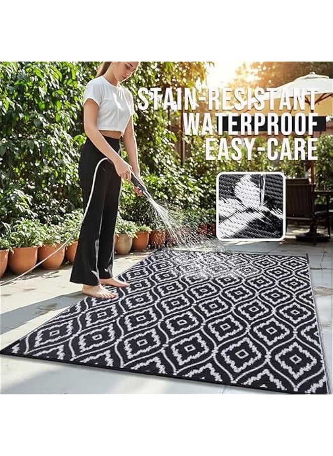 Arabest - 6x9 ft Waterproof Outdoor Plastic Straw Rug Geometric Pattern Black & White Reversible RV Mat Patio Camping Balcony Deck Backyard Clearance - Image 1