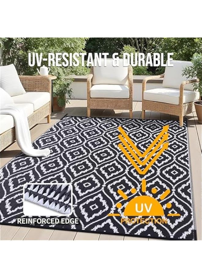 Arabest - 6x9 ft Waterproof Outdoor Plastic Straw Rug Geometric Pattern Black & White Reversible RV Mat Patio Camping Balcony Deck Backyard Clearance - Image 1