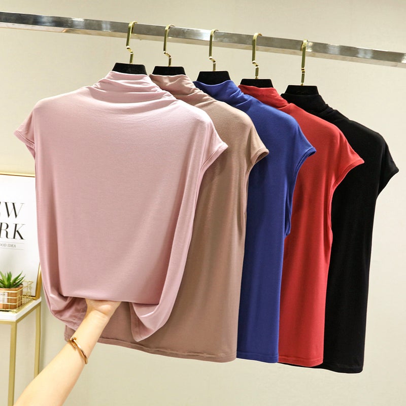 Modal Sleeveless T-shirt Spring and Autumn Interior Western Style Slimming Semi-high Collar Base Shirt Thin All-match Solid Color Top - Image 2