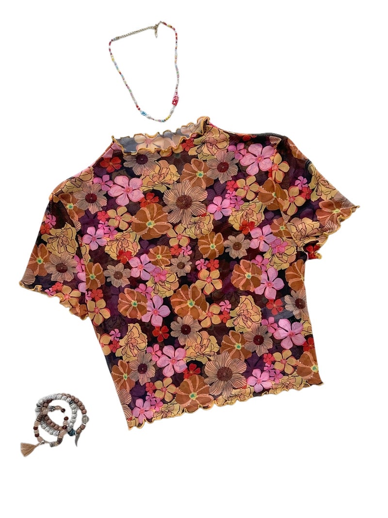 Women's Petite High Neck Ruffle Floral Mesh Top - Pink Flower On Black Background / S - Image 1