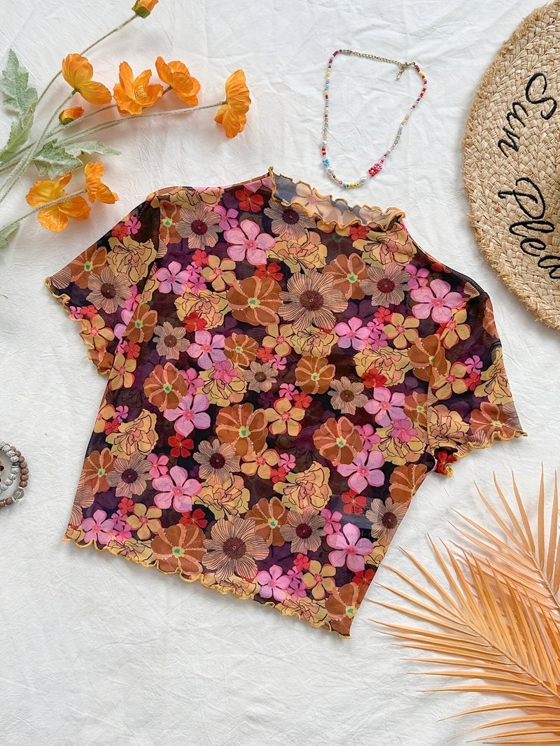 Women's Petite High Neck Ruffle Floral Mesh Top - Pink Flower On Black Background / S - Image 3