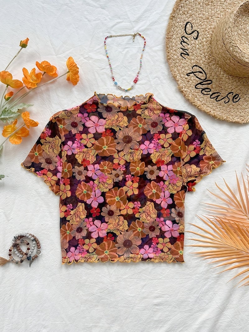 Women's Petite High Neck Ruffle Floral Mesh Top - Pink Flower On Black Background / S - Image 2