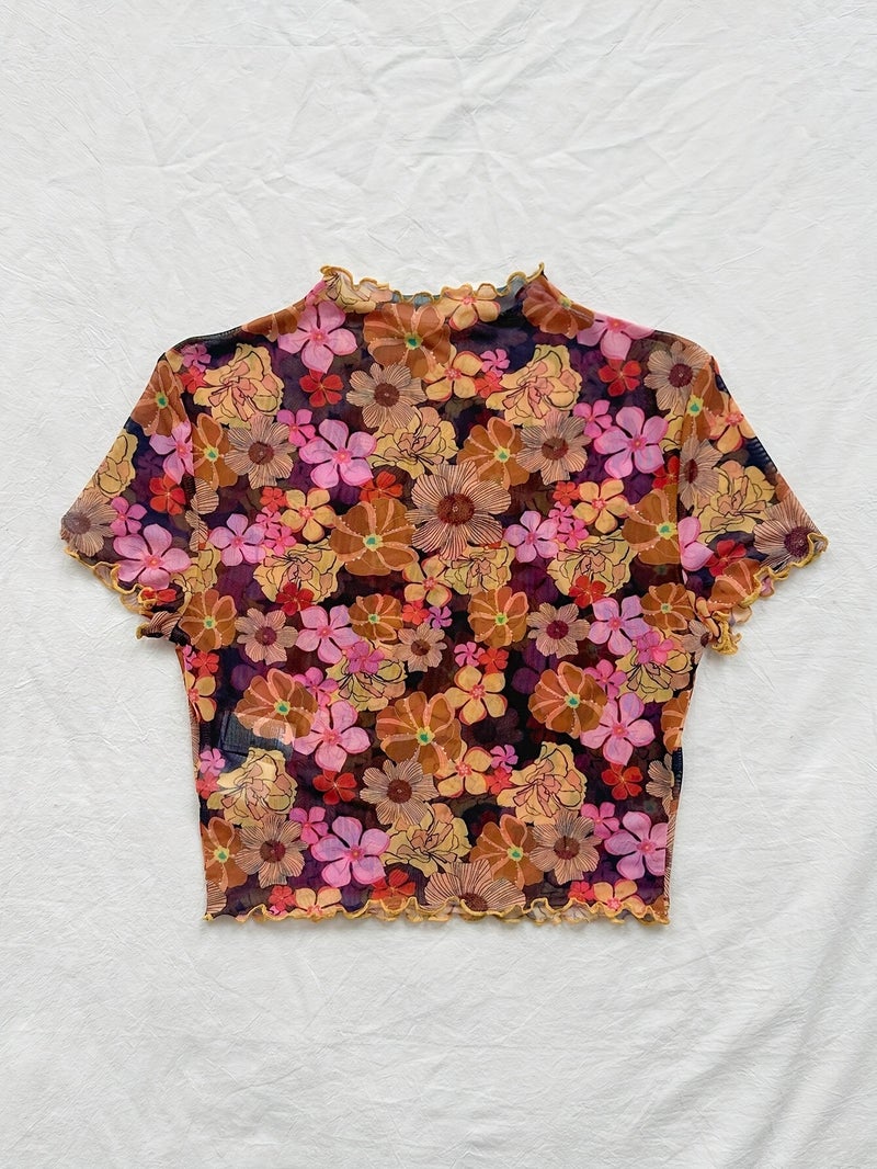 Women's Petite High Neck Ruffle Floral Mesh Top - Pink Flower On Black Background / S - Image 4