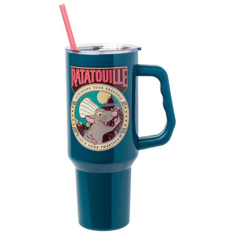 Silver Buffalo Disney Pixar Ratatouille Remy Lets Cook Together Stainless Steel Tumbler with Handle and Straw Fits in Standard Cup Holder 40 Ounces