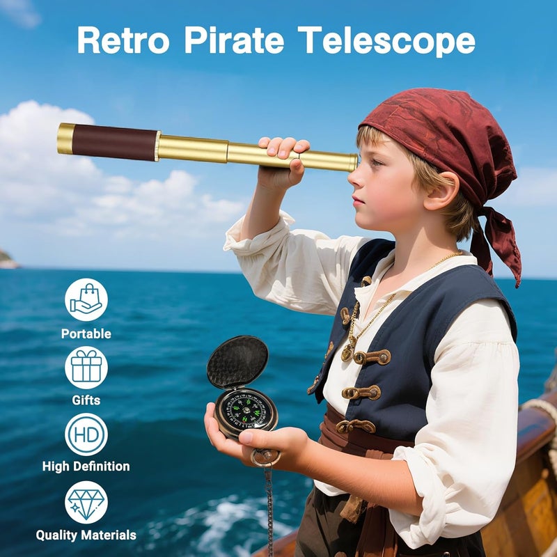 Laupha Retro Pirate Telescope 25x30 Spyglass Portable Collapsible Handheld Telescope Zoom Vintage Monocular Classical Collection Compass for Camping Hunting Boating Gift - Image 2
