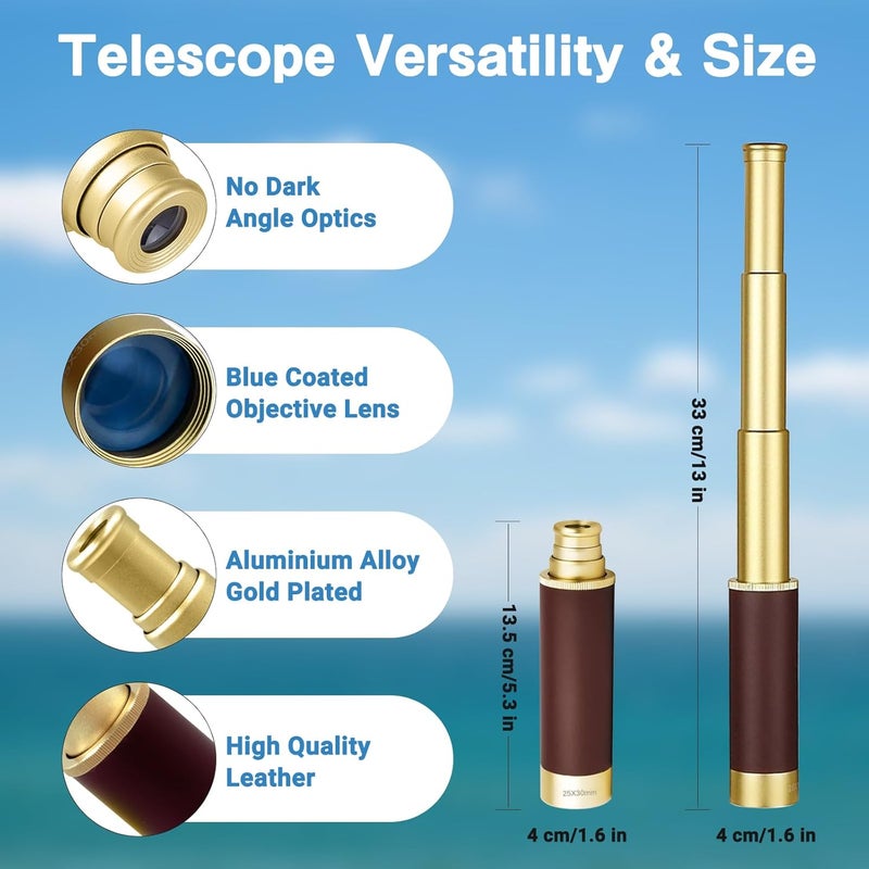 Laupha Retro Pirate Telescope 25x30 Spyglass Portable Collapsible Handheld Telescope Zoom Vintage Monocular Classical Collection Compass for Camping Hunting Boating Gift - Image 3
