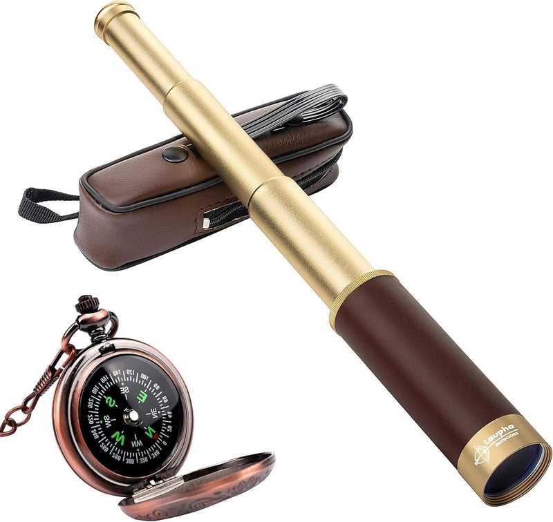 Laupha Retro Pirate Telescope 25x30 Spyglass Portable Collapsible Handheld Telescope Zoom Vintage Monocular Classical Collection Compass for Camping Hunting Boating Gift - Image 1
