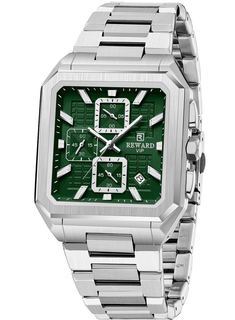 REWARD Square Mens Wrist Watches, Luxury Fashion Analog Quartz Watch, Classic Big Face Chronograph Waterproof Luminous Date Stainless Business Watches for Men Black/Silver/Blue Dial - Image 3