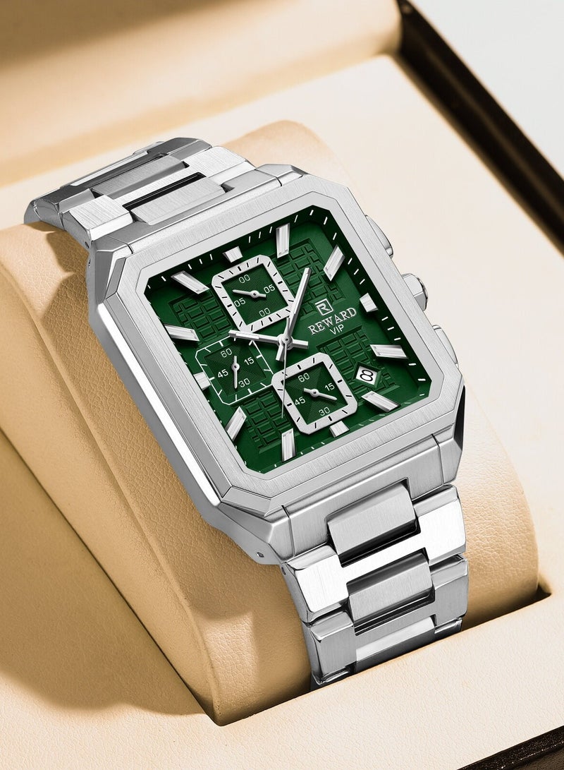 REWARD Square Mens Wrist Watches, Luxury Fashion Analog Quartz Watch, Classic Big Face Chronograph Waterproof Luminous Date Stainless Business Watches for Men Black/Silver/Blue Dial - Image 5