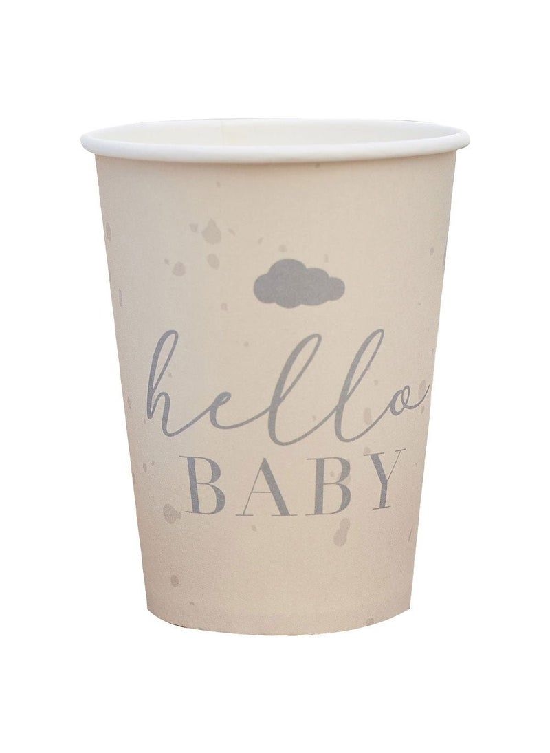 Ginger Ray Hello Baby Disposable Paper Cups Beige Gray 10cm 8-Pack - Image 1