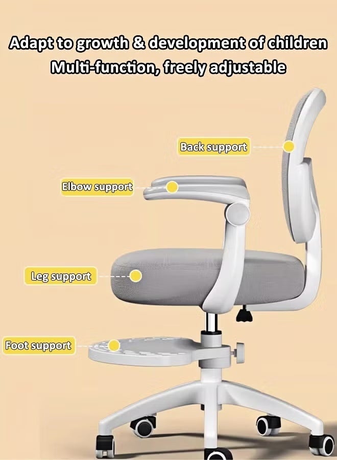Ergonomic children's study chair, children's armchair, computer desk and chair, swivel office chair, home children's study chair, height and lumbar support adjustable, with footrest and casters (grey). - Image 4