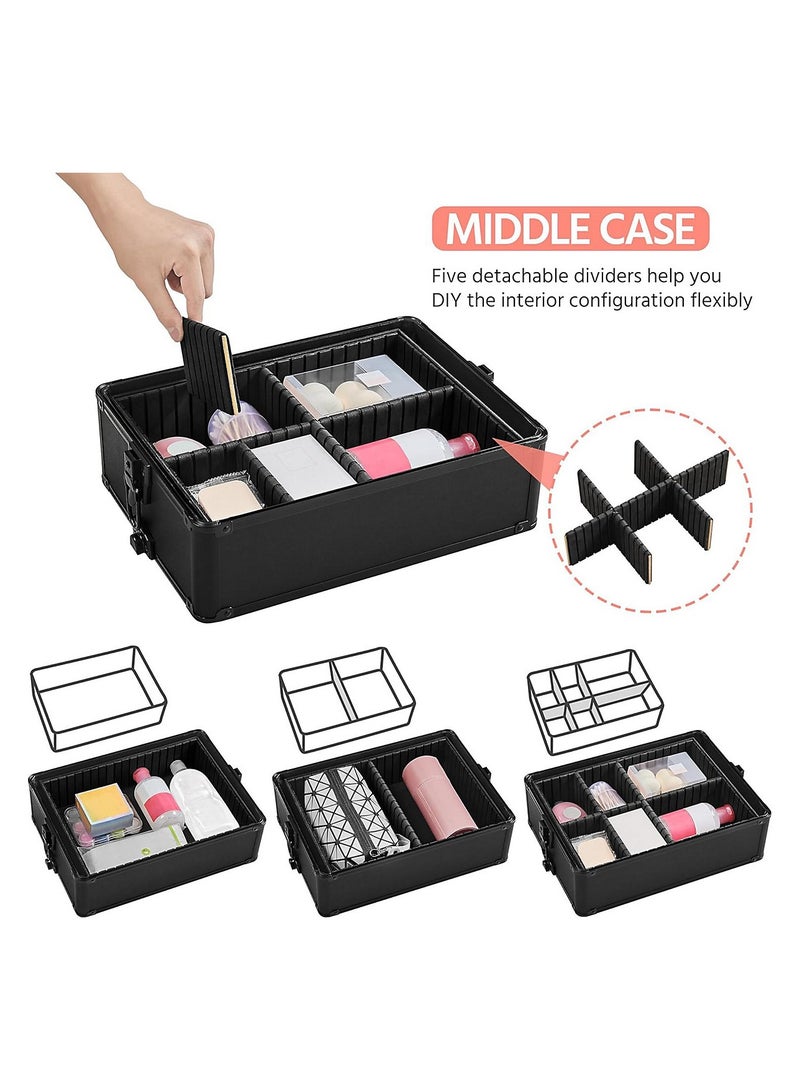 New Upgrade 4 Layers Cosmetic Trolley Makeup Train Case Travel Organizer Salon Trolley Storage Large Capacity Full Black  - Image 4