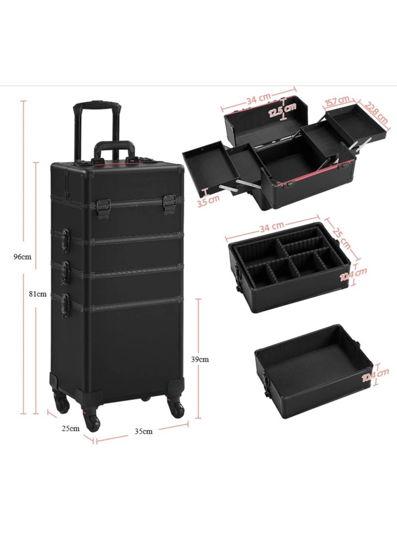 New Upgrade 4 Layers Cosmetic Trolley Makeup Train Case Travel Organizer Salon Trolley Storage Large Capacity Full Black  - Image 5