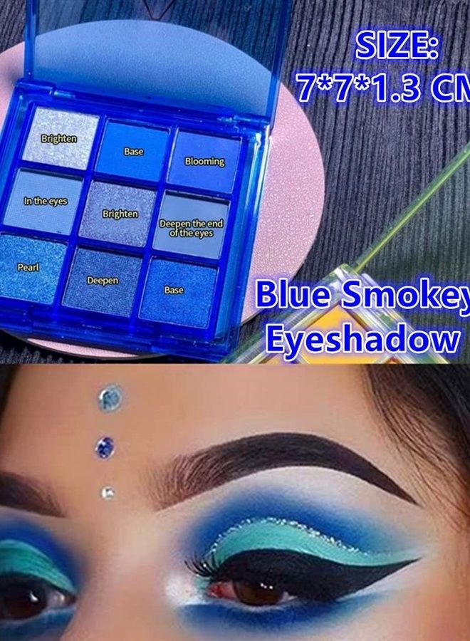 لوحة ظلال عيون بودرة 9 ألوان، تصميم مات لامع مقاوم للماء للعيون الباردة للنساء والفتيات (أزرق)
