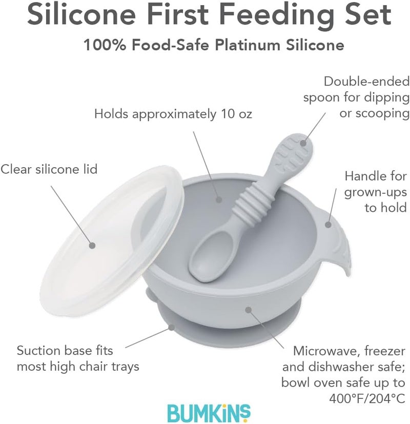 بمبكنز Bumkins Baby Bowls, Silicone Baby Feeding Set, Suction Bowls for Baby and Toddler with Spoon and Lid, First Feeding Set, Platinum Silicone Bowl for Babies 4 Months Up - Image 5